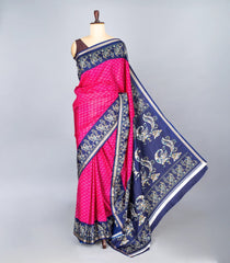 Hot Pink Woven Synthetic Crackle Saree With Printed Geometric & Bird Motifs-BL4517