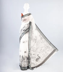 White Woven Art Linen Saree With Printed Scenery Motifs-BL3958