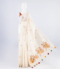 White Woven Synthetic Dupion Silk Saree With Embroidered Dancing Motifs-BL4152
