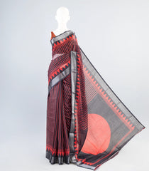 Dark Grey Woven Art Linen Saree With Printed Stripes-BL3961