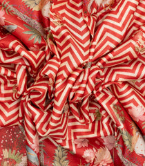 Red Handloom Tussar Saree With Printed Chevron & Animal Motifs-TU3063