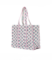 Off White Bagru Printed Handmade Cotton Quilted Tote Bag-ACS1036