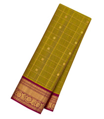Olive Green Handloom Gadwal Silk Cotton Saree With Zari Checks & Buttas -GA0285