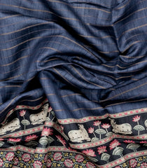 Dark Grey Handloom Tussar Silk Saree With Stripes & Printed Motifs-TU3442