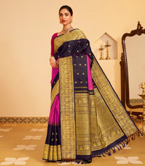 Magenta Handloom Korvai Kanchipuram Silk Saree With Black Temple Border-KA14376