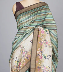 Multi Colour Woven Synthetic Dupion Saree With Stripes & Printed Motifs-BL4407