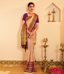 Cream Handloom Korvai Kanchipuram Silk Saree With Buttas-KA15470