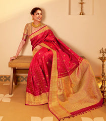 Red Handloom Kanchipuram Silk Saree With Zari Checks & Buttas-KA15267