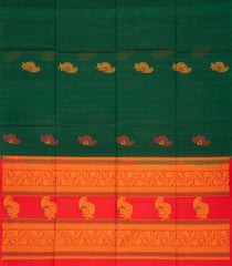 Bottle Green Handloom Silk Cotton Saree With Buttas & Contrast Pallu-SC3645