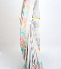Grey Woven Art Linen Saree With Embroidered Floral Motifs-BL3766