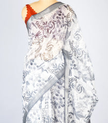 Off White Woven Synthetic Jute Saree With Printed Floral Motifs-BL4189