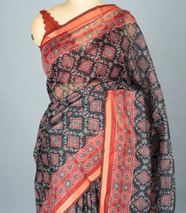 Dark Grey Woven Synthetic Chanderi Saree With Printed Floral Motifs-BL4310