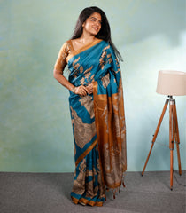 Blue Printed Synthetic Tussar Silk Saree With Contrast Border-SY0105