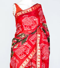 Crimson Woven Art Chanderi Saree With Printed Tie & Dye Motifs-BL3912