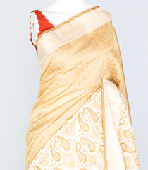 Beige Woven Art Jari Dola Silk Saree With Zari Checks & Printed Floral Motifs-BL3905