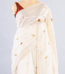 White Woven Synthetic Dupion Silk Saree With Embroidered Bird Motifs-BL4149