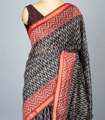 Black Woven Synthetic Chanderi Saree With Printed Chevron Motifs-BL4309
