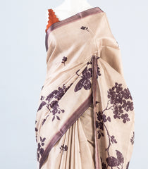 Taupe Woven Synthetic Dola Silk Saree With Printed Floral Motifs-BL4137