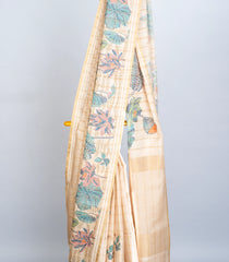 Cream Woven Art Tussar Silk Saree With Printed Floral Motifs-BL3737
