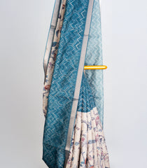 Blue Woven Art Tussar Saree With Printed Bird Motifs-BL3765