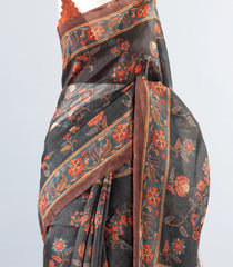 Dark Grey Woven Art Chanderi Saree With Printed Bird Motifs-BL3945