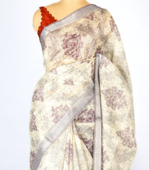 Off White Woven Synthetic Jute Saree With Printed Floral Motifs-BL4170