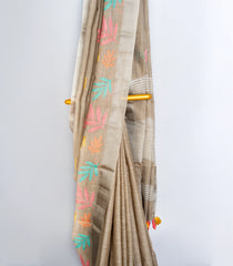 Beige Woven Art Linen Saree With Embroidered Floral Motifs-BL3769