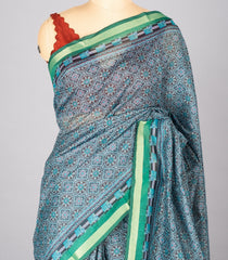 Blue Woven Synthetic Chanderi Saree With Printed Floral Motifs-BL4312