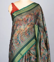 Bottle Green Woven Synthetic Cotton Saree With Printed Floral Motifs-BL4277