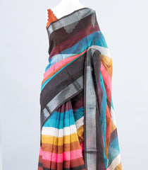 Multi Colour Woven Art Linen Saree With Printed Stripes-BL3960