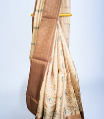 Beige Woven Art Tussar Silk Saree With Printed Bird Motifs-BL3699
