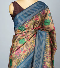 Grey Woven Synthetic Dupion Saree With Printed Kalamkari Motifs-BL4337
