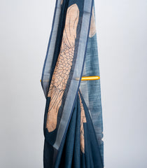Navy Blue Woven Art Linen Saree With Printed Floral Motifs-BL3690