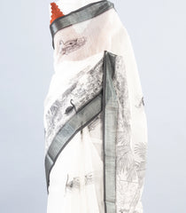 White Woven Art Linen Saree With Printed Scenery Motifs-BL3958