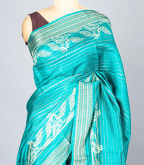 Turquoise Woven Synthetic Dola Saree With Stripes & Printed Bird Motifs-BL4498