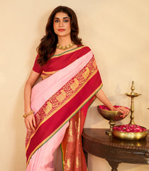 Baby Pink Handloom Korvai Kanchipuram Silk Saree With Zari Checks-KA15471