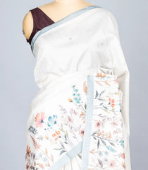 Off White Woven Synthetic Dola Silk Saree With Printed Floral Motif-BL4458
