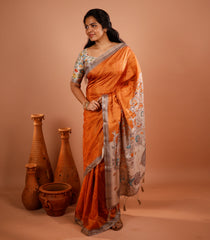 Orange Printed Synthetic Tussar Silk Saree With Contrast Temple Border-SY0118