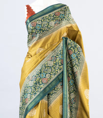Olive Green Woven Art Tussar Saree With Stipes & Printed Floral Motifs-BL3992