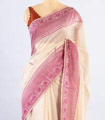 Off White Woven Art Chanderi Cotton Saree With Purple Floral Motifs-BL4141