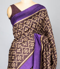 Dark Brown Woven Synthetic Dupion Saree With Bird Motifs & Contrast Border-BL4475