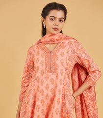 Peach Floral Printed Kurta Set With Matching Dupatta