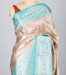 Taupe Woven Synthetic Tissue Saree With Floral Motifs & Turquoise Border-BL4345