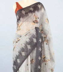 Grey Woven Synthetic Chanderi Cotton Saree With Printed Lord Krishna Motifs-BL4179