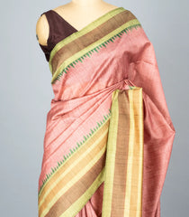 Dusty Pink Woven Synthetic Dupion Saree With Green Border-BL4339