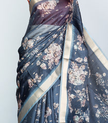 Dark Grey Woven Art Kota Silk Saree With Printed Floral Motifs-BL3883