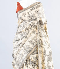 White Woven Art Tussar Saree With Printed Bird Motifs-BL3996
