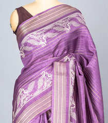 Lilac Woven Synthetic Dola Saree With Stripes & Printed Bird Motifs-BL4501