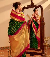 Dark Green Handloom Korvai Kanchipuram Silk Saree With Zari Checks & Buttas-KA15357
