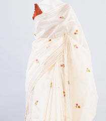 White Woven Synthetic Dupion Silk Saree With Embroidered Crane Motifs-BL4151